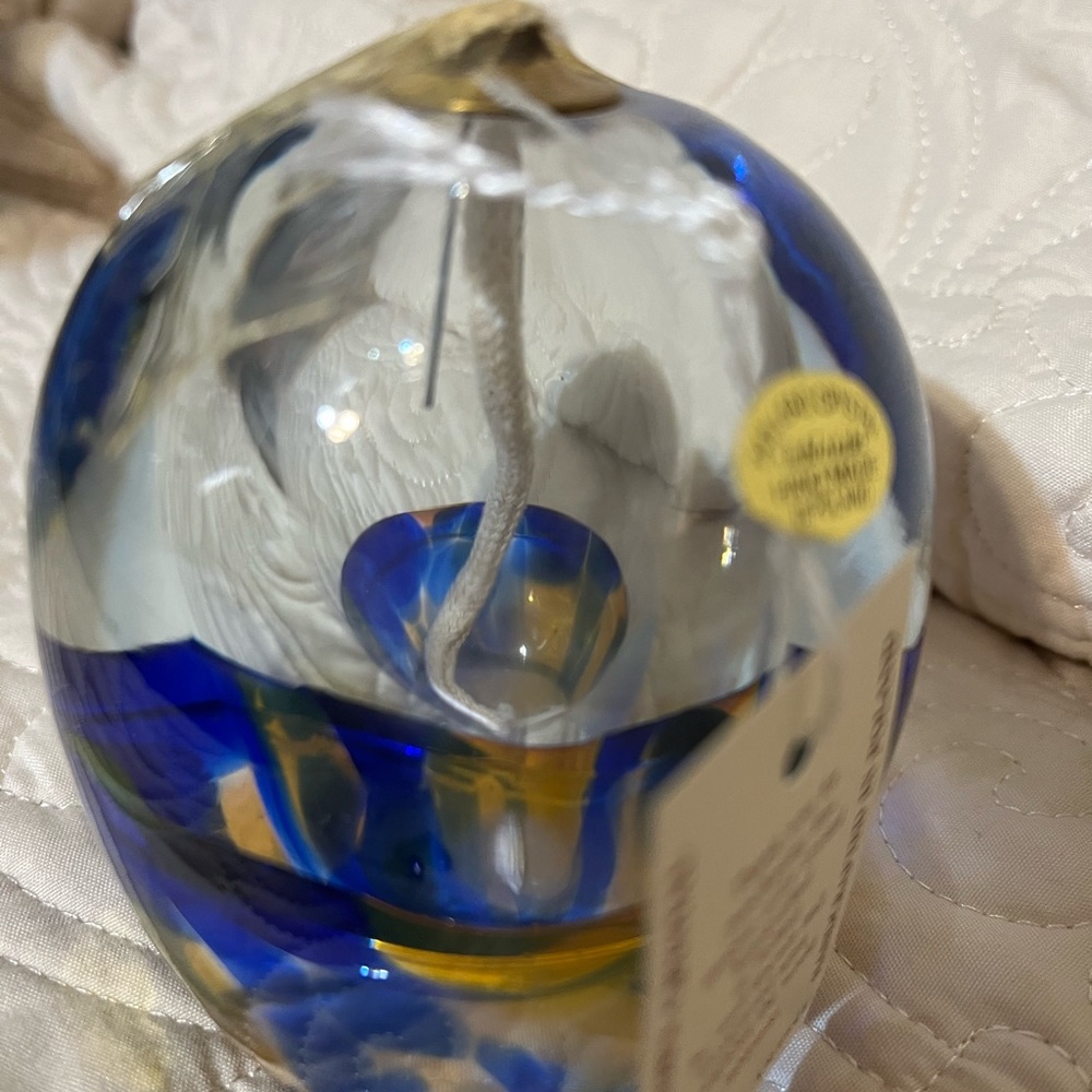 Beautiful hand blown Polish glass oil lamp. 3” tall, never burned. Signed On tag